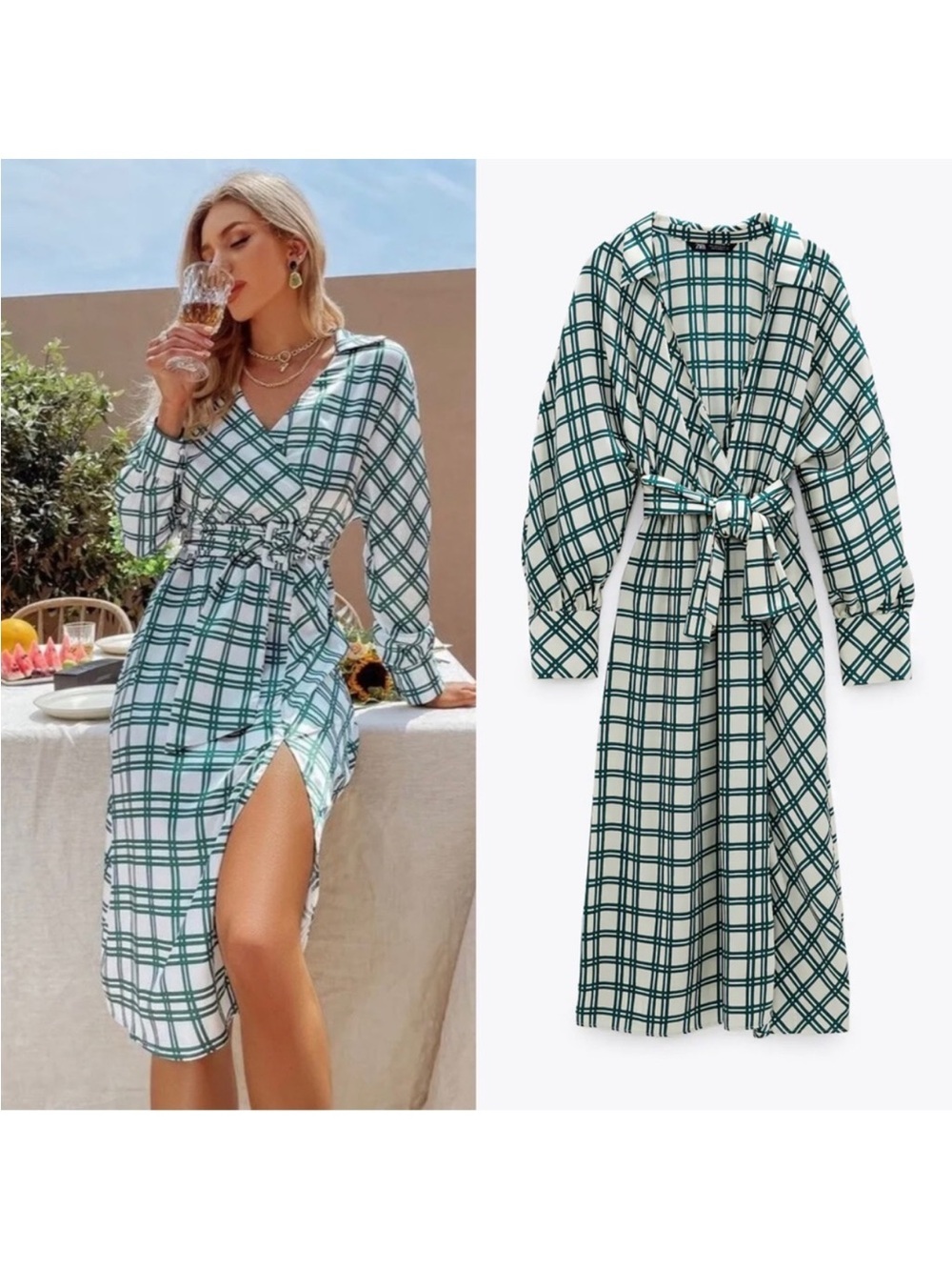 Zara Ecru Plaid Print Wrap Front Belted Waist Shirt Satin Midi Dress BLOGGER FAV